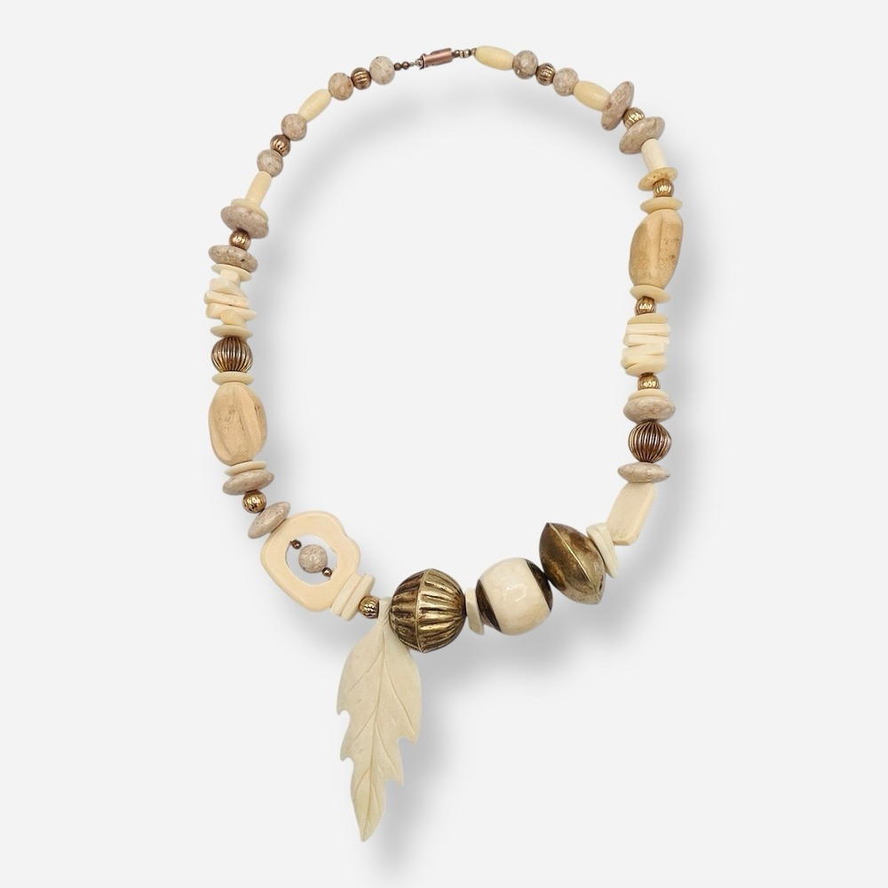 Vintage‎ Brass Bone Necklace Leaf Beaded Bovine Bos Taurus 24" Long Chunky
